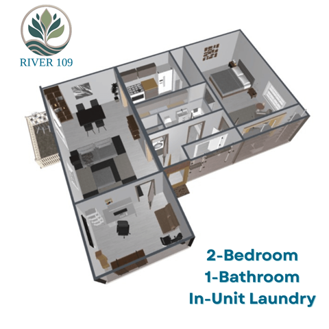 Floor plan for 2 beds, 1 bath, 733 sqft